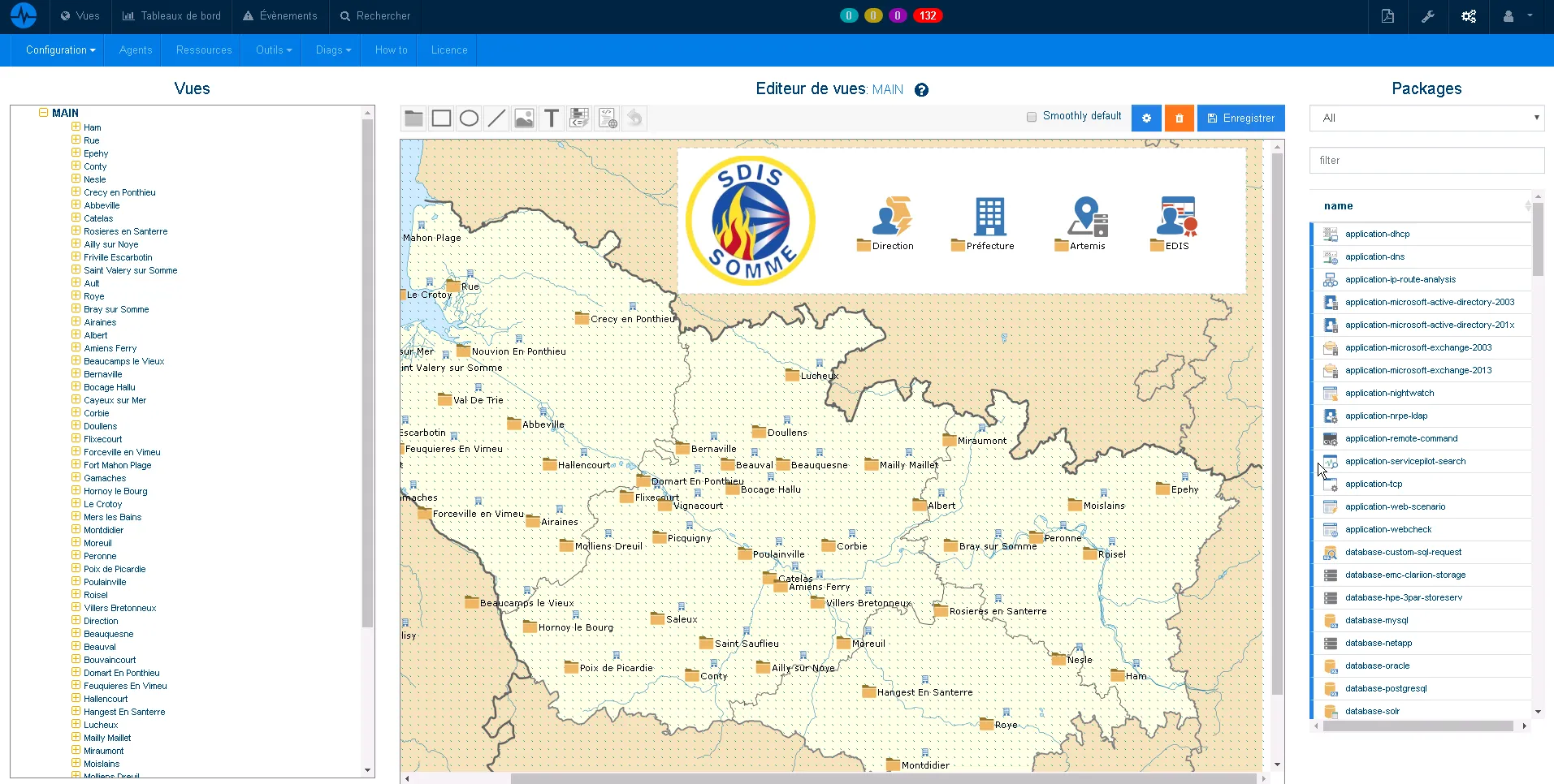 Monitoring of fire Brigade SDIS IT on a geographical map background Monitoring of fire Brigade SDIS IT on a geographical map background