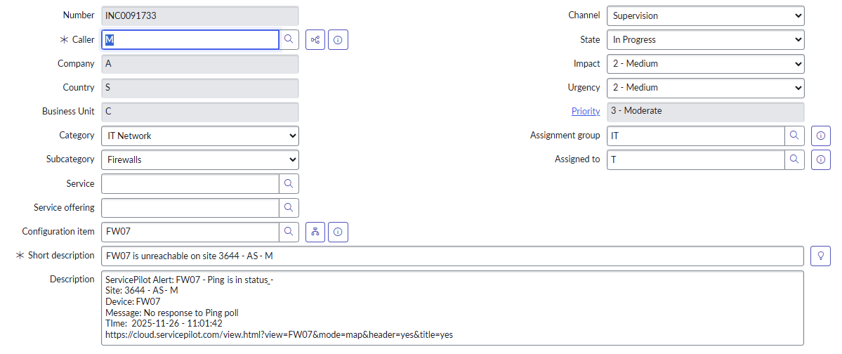 Alerta de ServicePilot integrada en ServiceNow