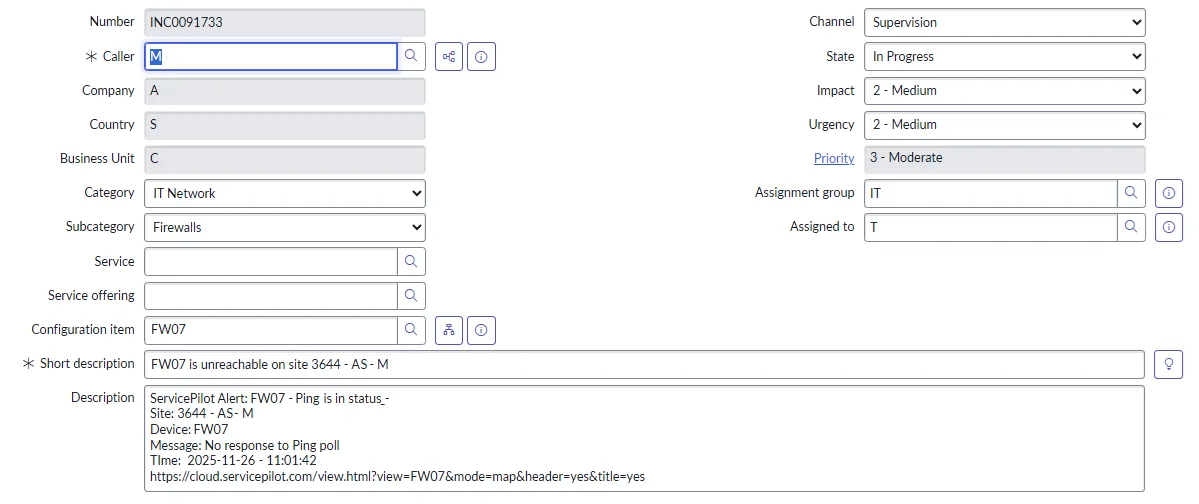 ServicePilot alert integrated into ServiceNow