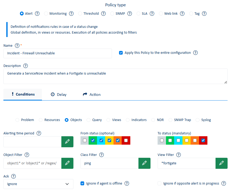 Condiciones para las alertas de Policy de ServicePilot