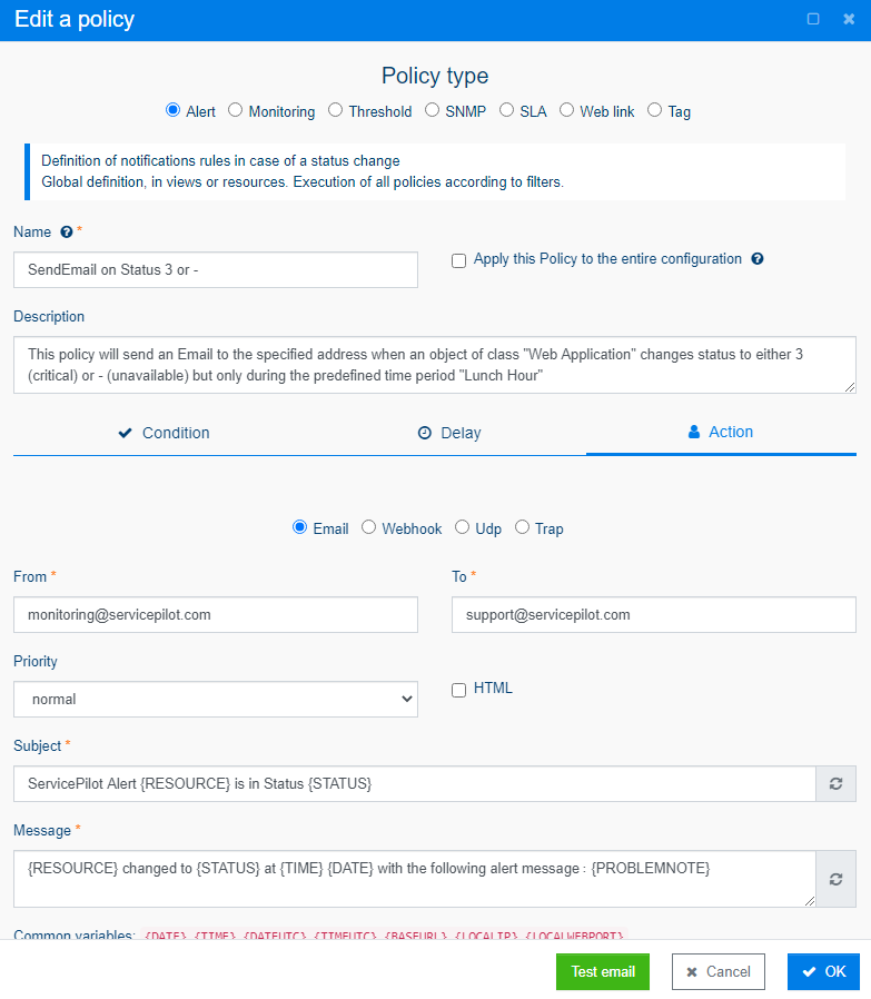Add Alert policy action
